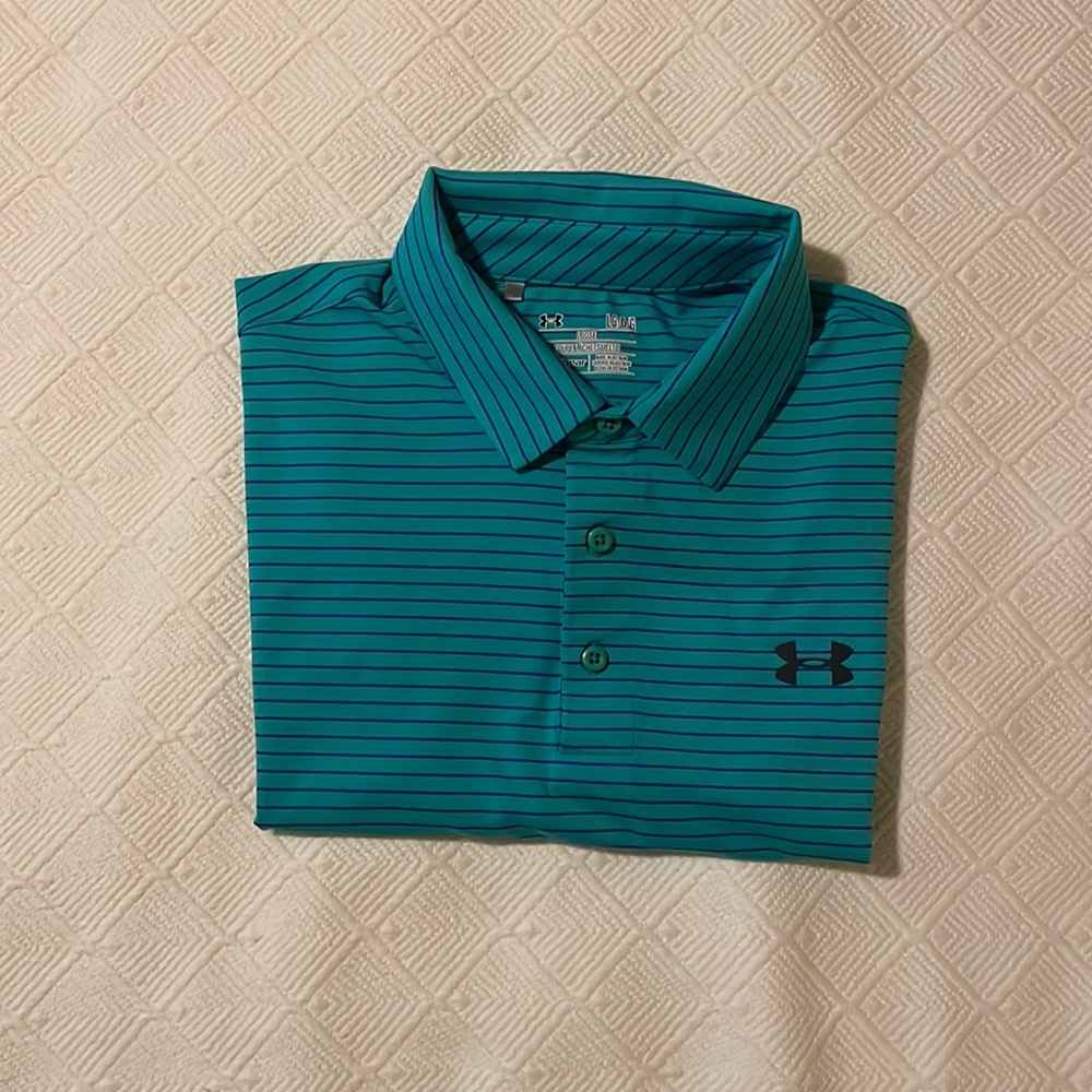 UNDER ARMOUR Golf Shirt. Color- Green w/ Blue stripes. LG.